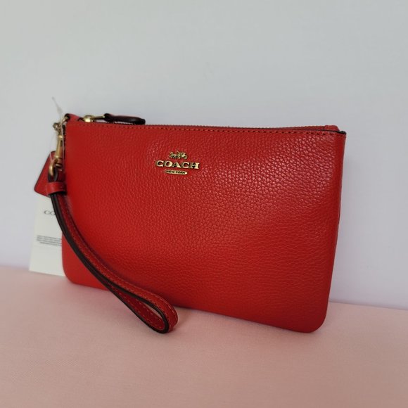 COACH Small Wristlet in Polished PebbleD Leather- Sport Red⭐ - Picture 4 of 16